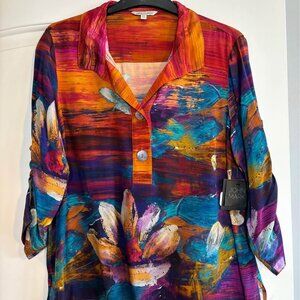 NWT John Mark Petite Small Printed Wire Collar Tunic Cinch Tie Sleeves floral